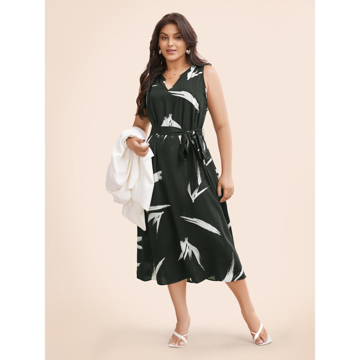 Plus Size Brush Print Notched Belted Tank Dress Black Women Elegant Belted Flat collar with V-notch Sleeveless Curvy BloomChic 14-16/1X Product Image