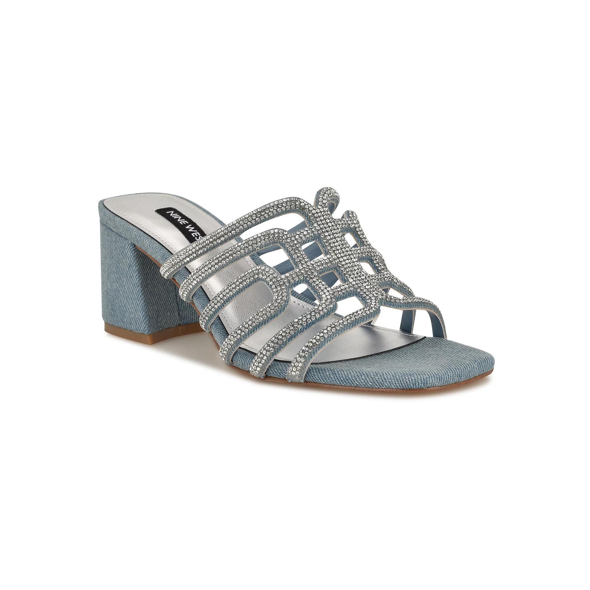 Nine West Grassa Women's Slip-On Block Heel Embellished Dress Sandals, Size: 7, Light Blue Blue Product Image