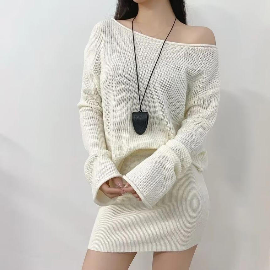 One-Shoulder Plain Ribbed Sweater / High Rise Knit Mini Pencil Skirt Product Image