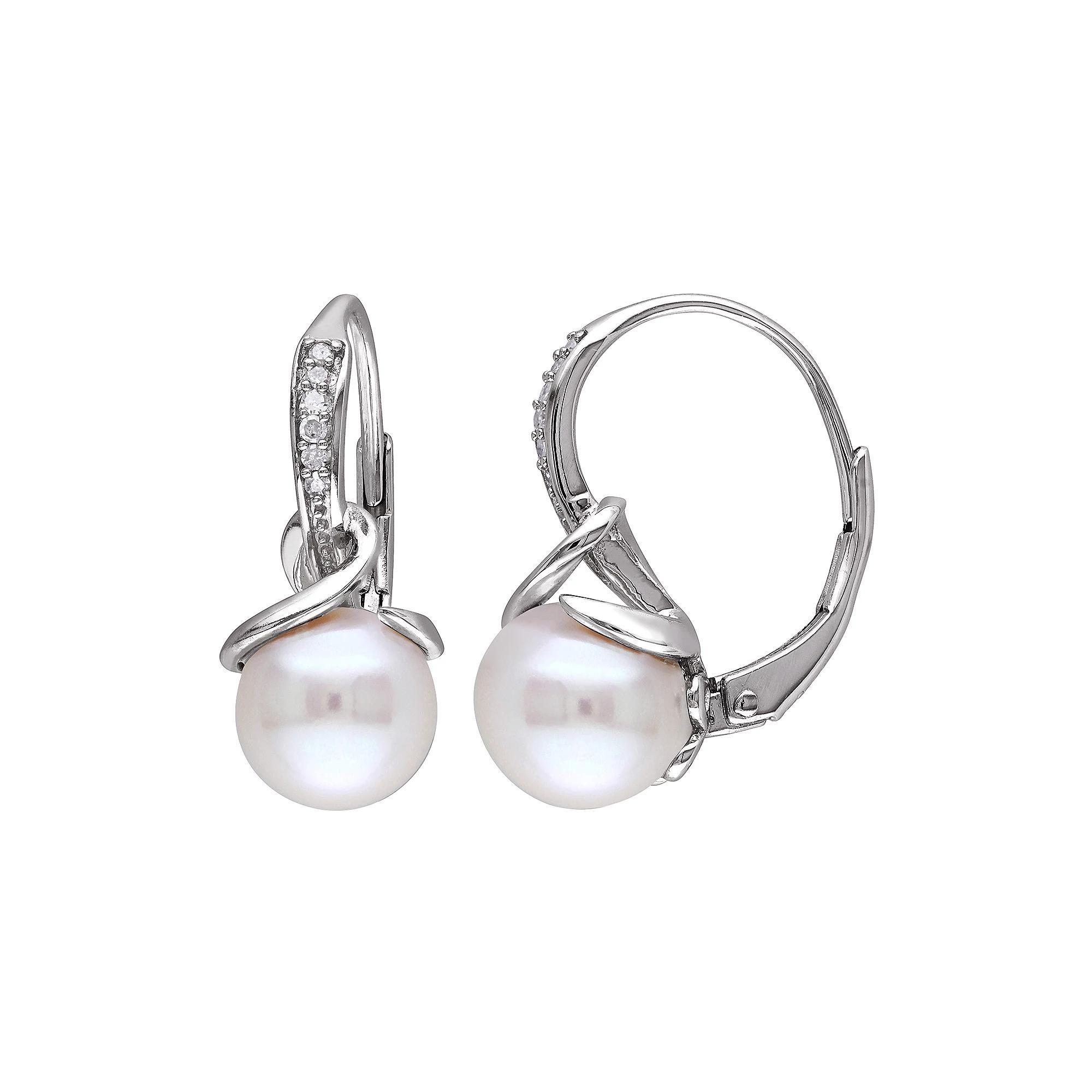 Stella Grace Sterling Silver Freshwater Cultured Pearl & Diamond Accent Earrings, Women's, Silvertone Product Image