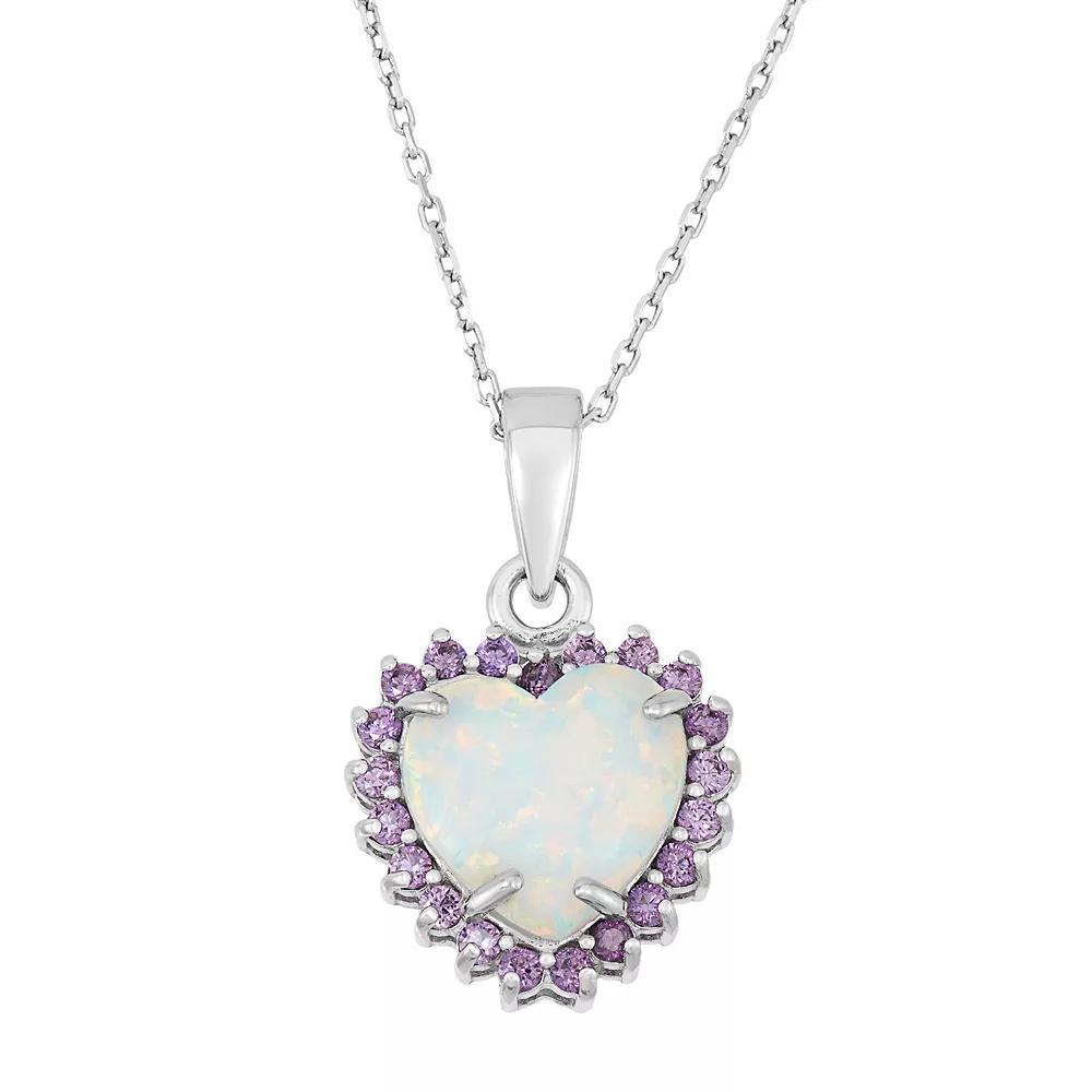 Sterling Silver Lab-Created Opal & Cubic Zirconia Heart Halo Pendant, Women's, Size: 18", Purple Product Image