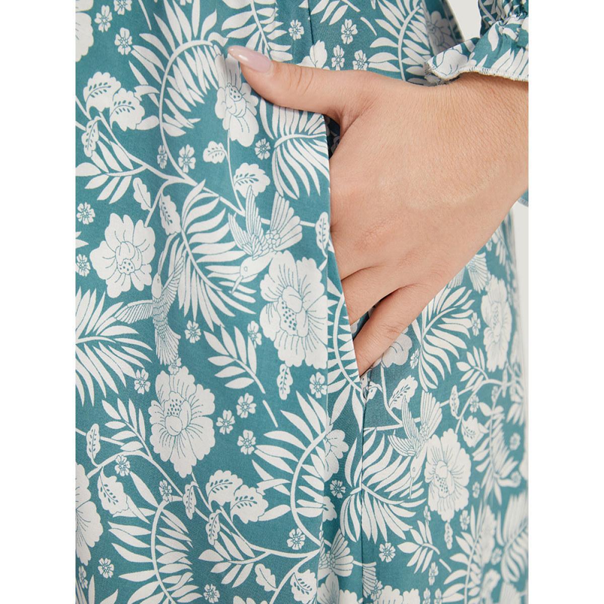 Plus Size Floral Print Pocket Surplice Neck Ruffle Trim Dress Turquoise Women Vacation Elastic cuffs V-neck Elbow-length sleeve Curvy Midi Dress BloomChic 28/5X Product Image