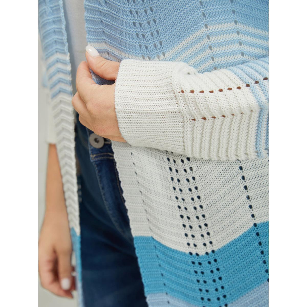 Plus Size Ombre Geo Eyelet Tunic Open Front Elastic Cuffs Cardigan Blue Women Casual Loose Long Sleeve Dailywear Cardigans BloomChic 10/M Product Image
