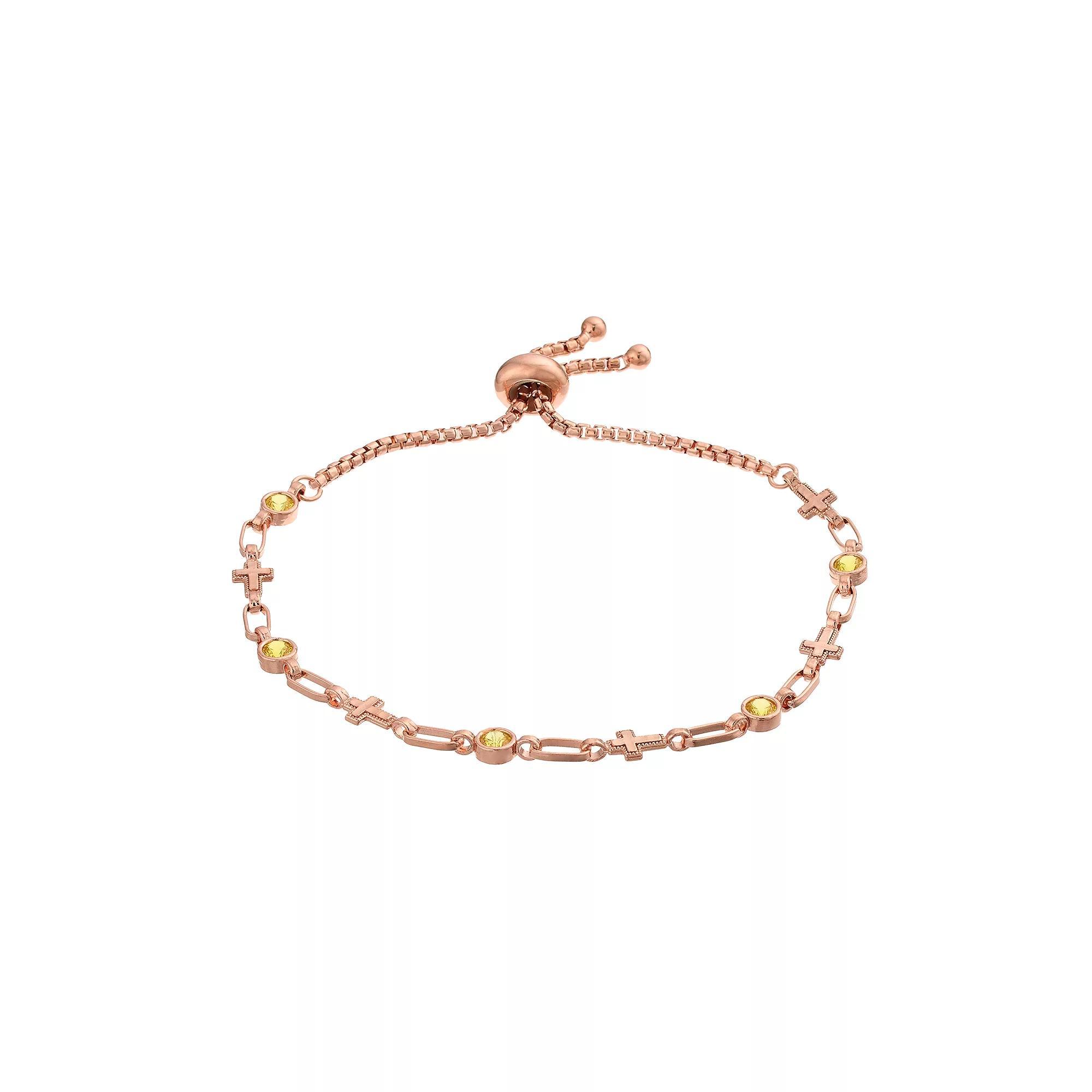 Kristen Kesho Sterling Silver Lab-Created Yellow Sapphire & Cross Link Adjustable Bolo Bracelet, Women's, Size: 9.50 Product Image