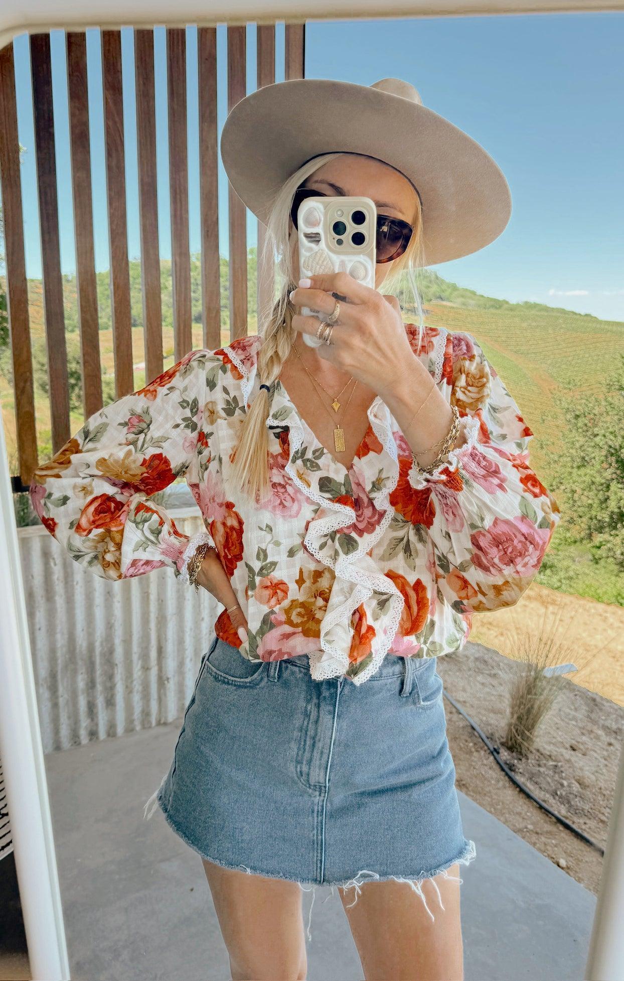 Lydia Ruffle Top ~ Ivory Hillside Floral Product Image