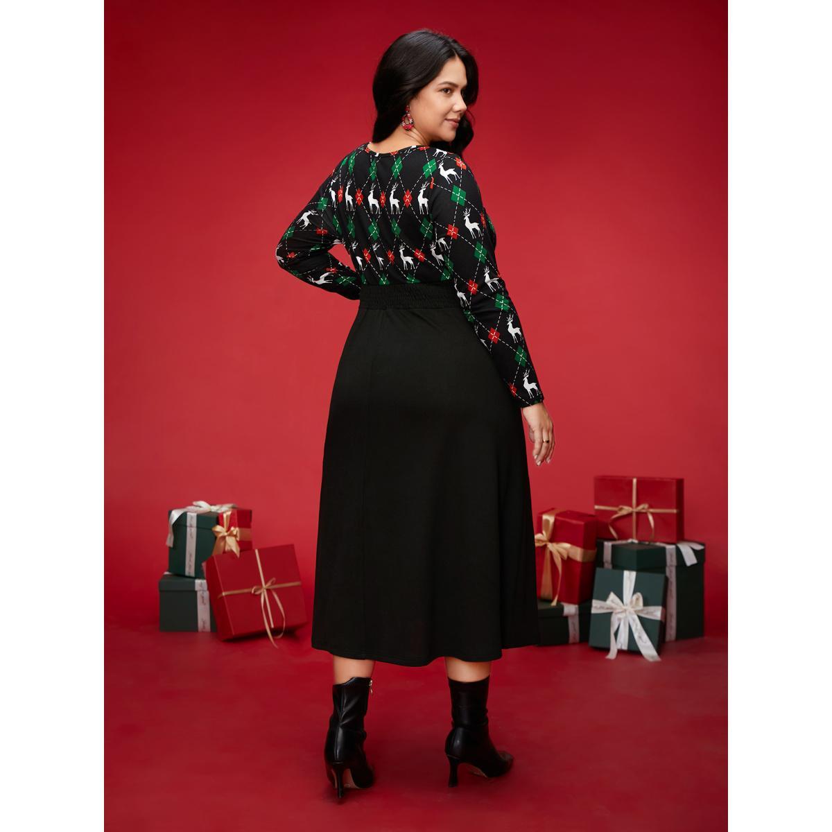 Plus Size Reindeer Printed Fit-and-Flare Midi Dress Black Women Casual Patchwork Party Curvy Bloomchic 22-24/3X Product Image