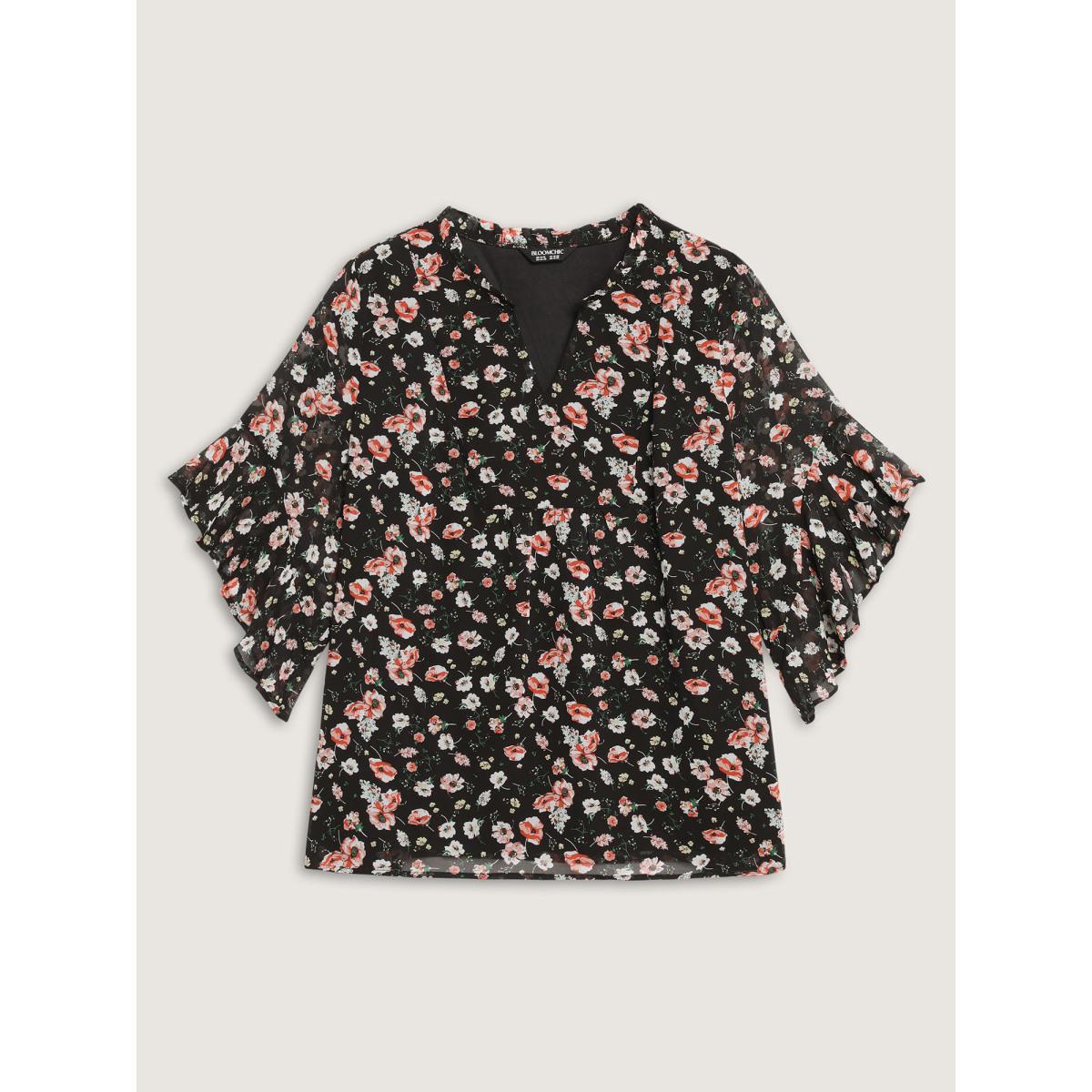 Plus Size Black Chiffon Floral Ruffled Sleeve Blouse Women Elbow-length sleeve Notched collar Everyday-Elegant Blouses BloomChic 18-20/2X Product Image