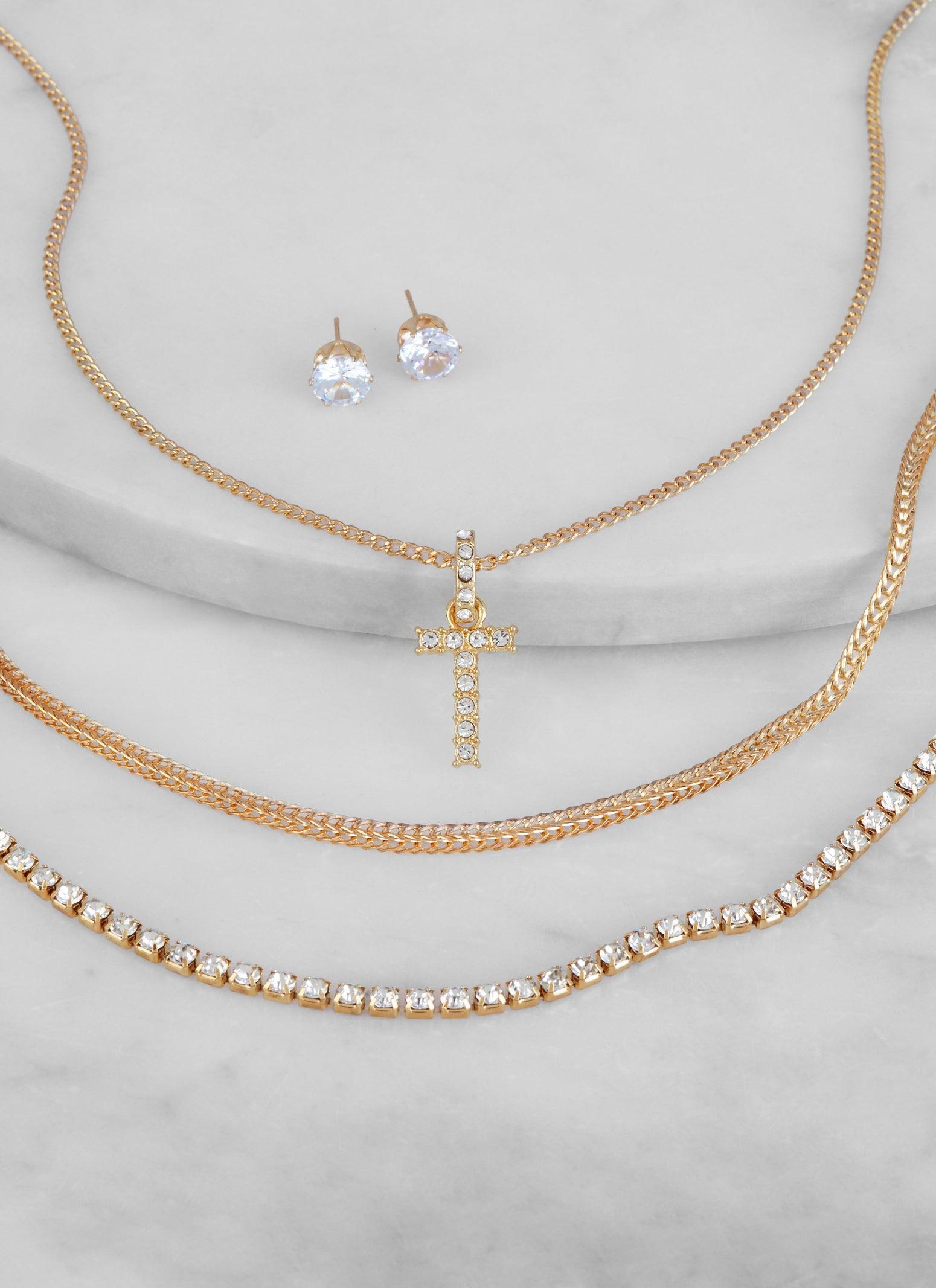Religious Charm Layered Necklace and Drop Earrings Female Product Image