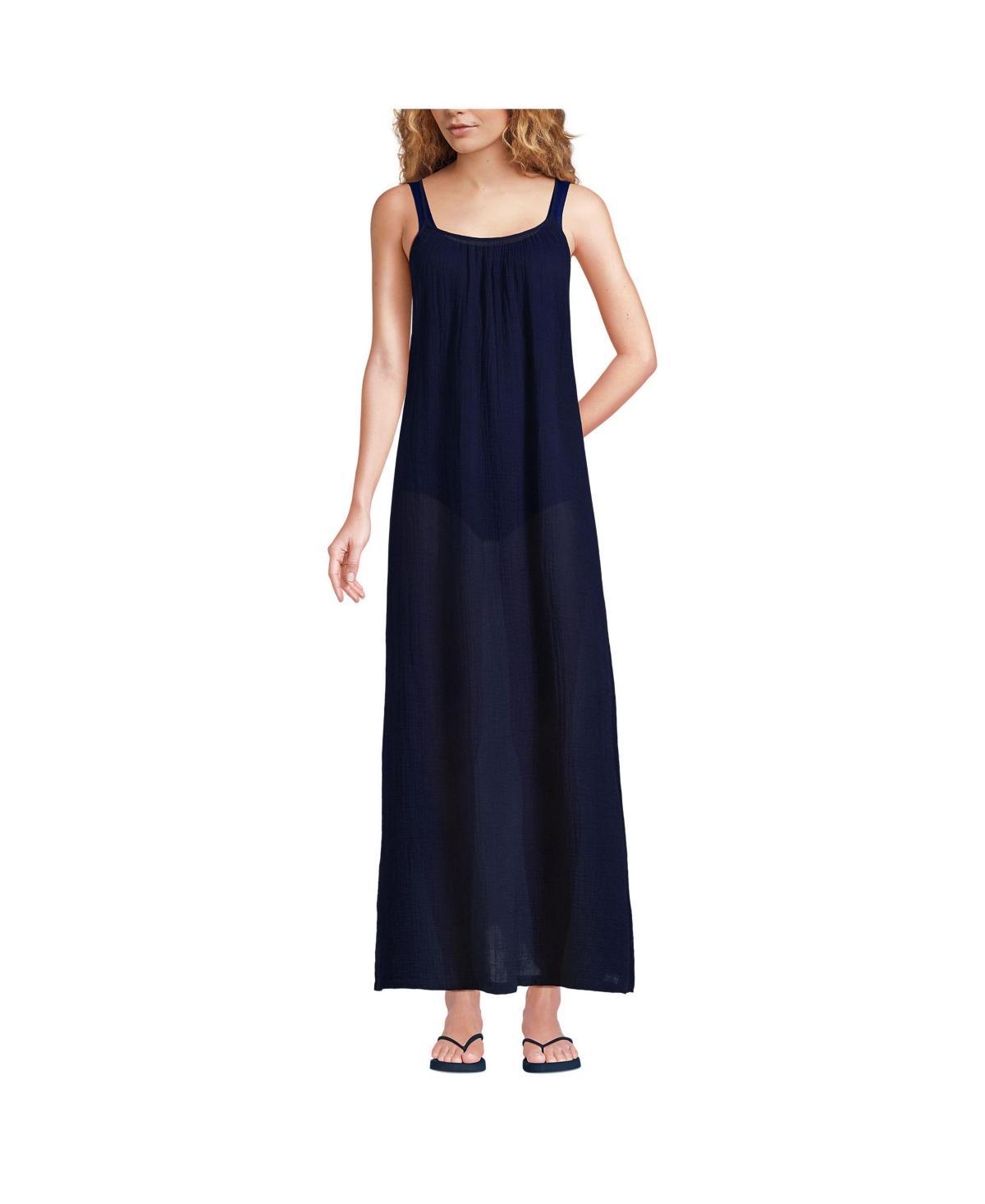 Womens Lands End Cotton Gauze Scoop Neck Swim Cover-Up Maxi Dress Deep Blue Product Image