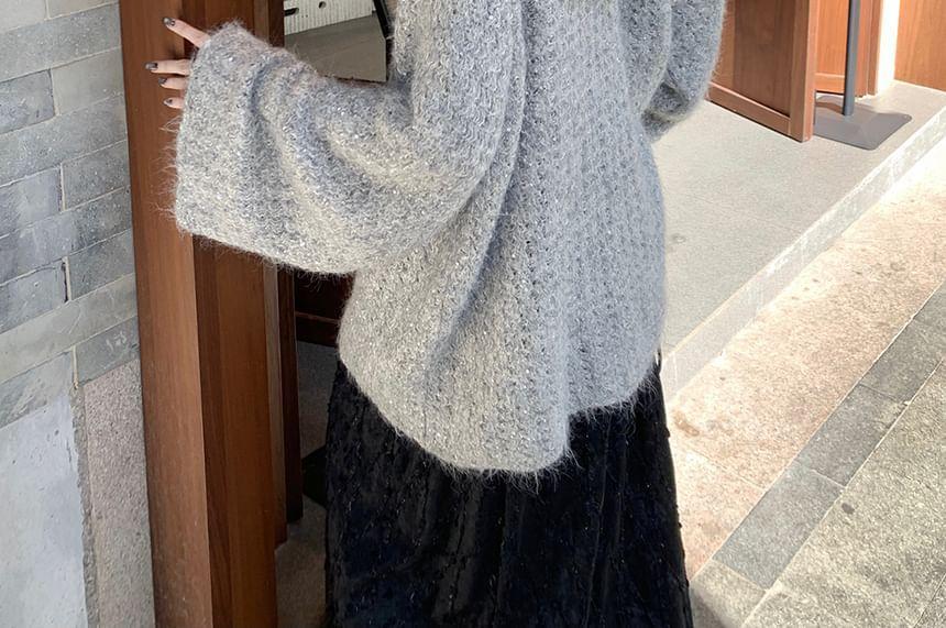 Tie-Neck Plain Glitter Sweater Product Image