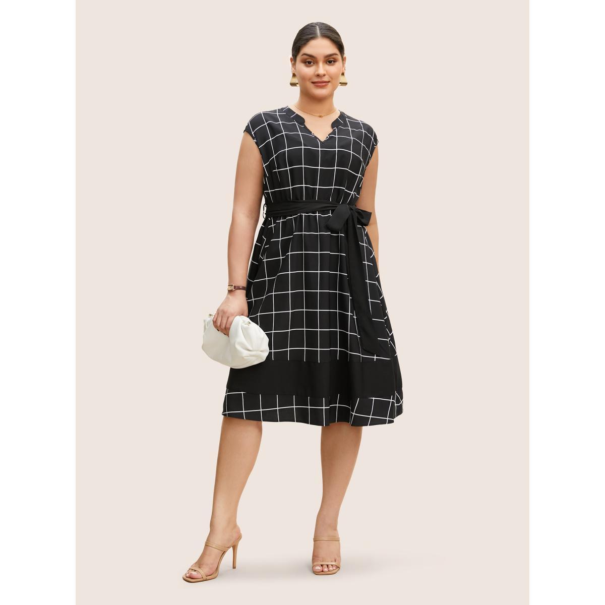 Plus Size Plaid Notched Belted Cap Sleeve Midi Dress Black Women Work From Home Belted Flat collar with V-notch Cap Sleeve Curvy BloomChic 26/4X Product Image