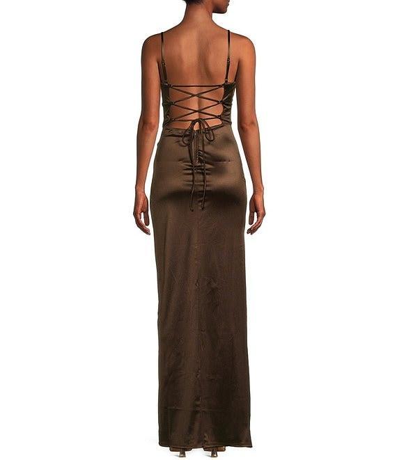 Honey and Rosie Corset Lace-Up Back Side Slit Long Dress Product Image
