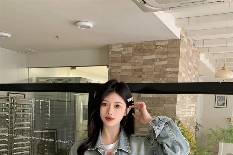 Collared Embroidered Washed Button-Up Denim Jacket Product Image