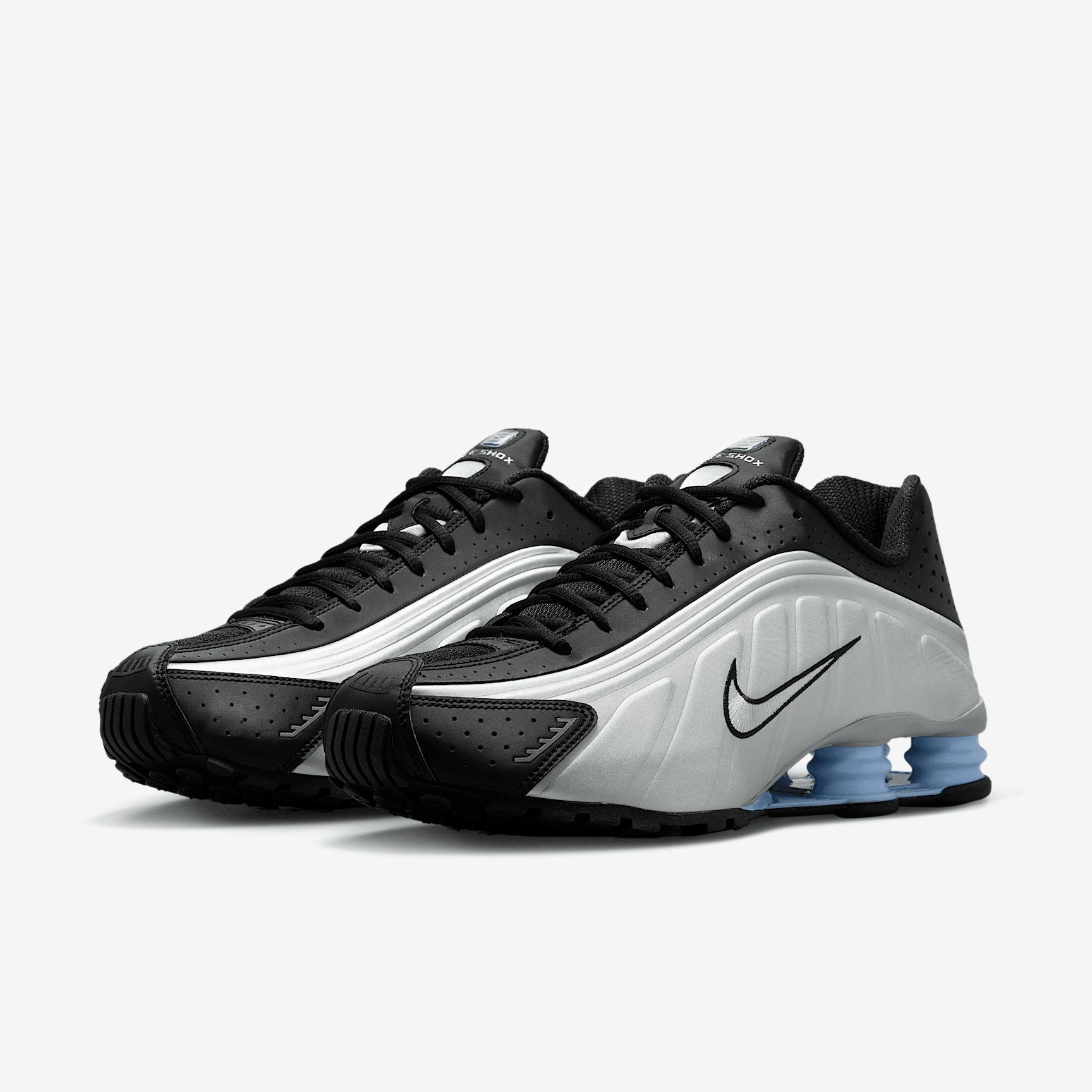 Nike Mens Shox R4 Casual Shoes in Metallic Silver/Black/Psychic Blue Product Image