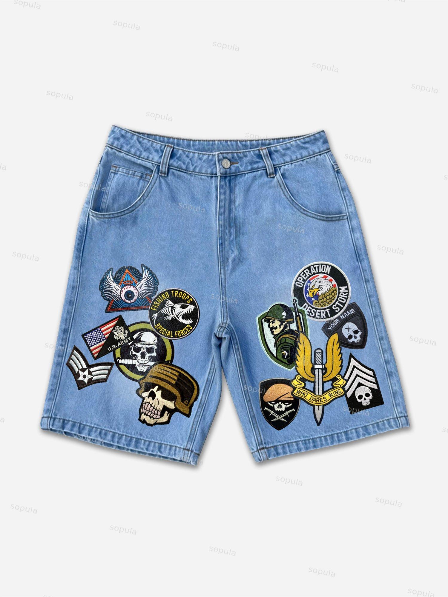 80s Badge Patchwork Denim Shorts Product Image