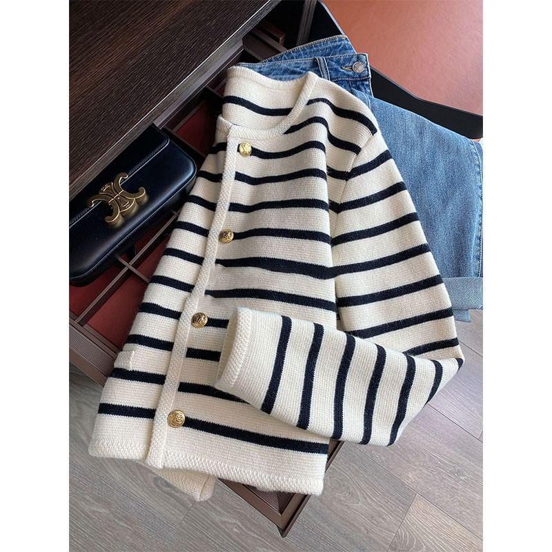 Crew Neck Striped Button-Up Cardigan Product Image