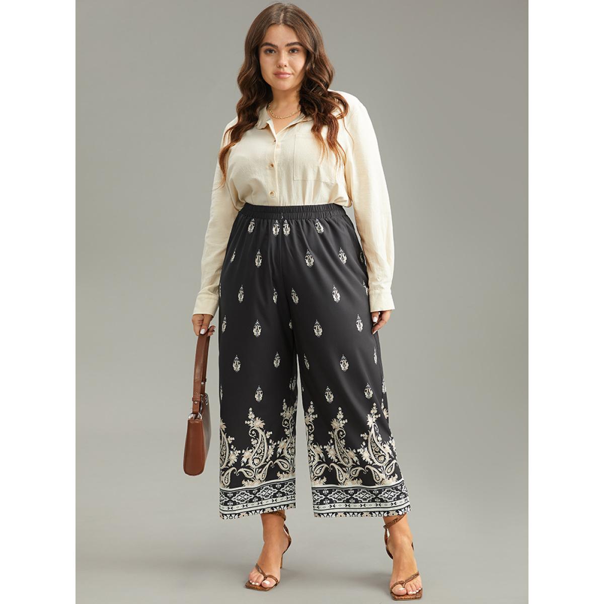 Plus Size Paisley High Rise Elastic Waist Pants Women Black Resort Wide Leg High Rise Vacation Pants BloomChic 14-16/1X Product Image