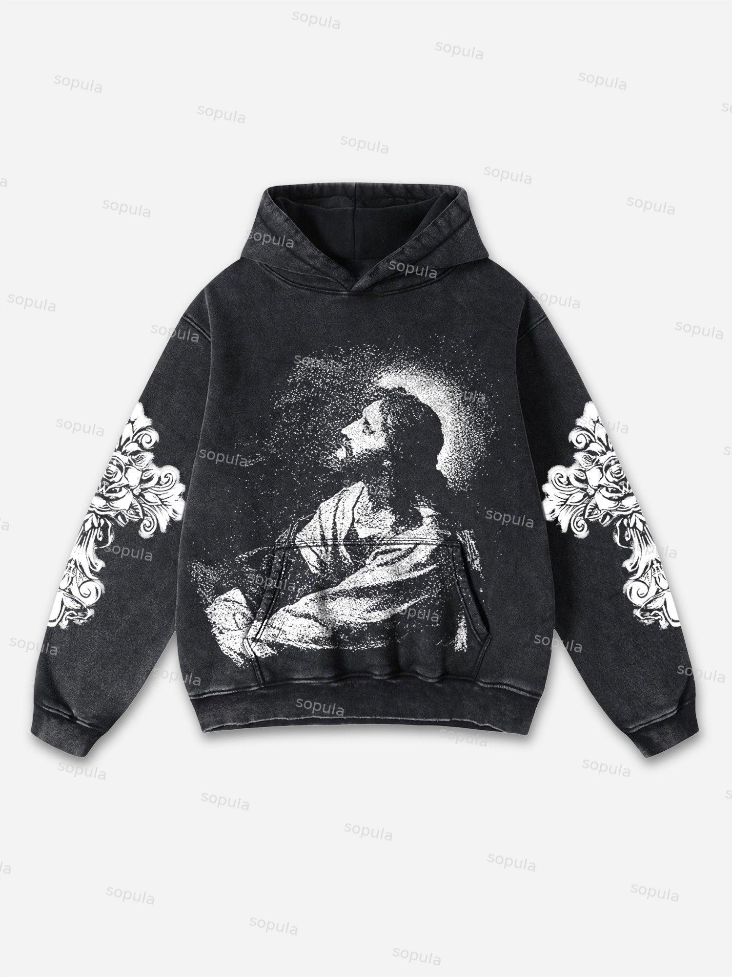 Vintage Jesus Thinker Graphic Acid Washed Oversized Hoodie Product Image
