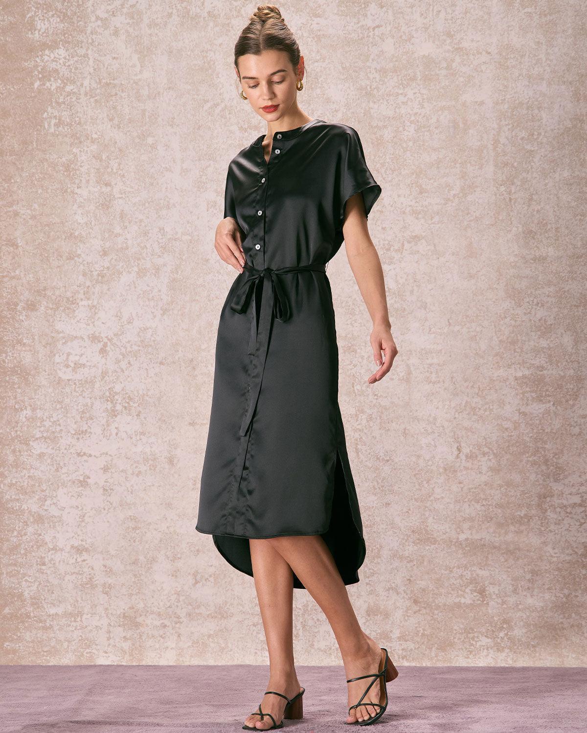 The Black Crew Neck Belted Satin Midi Dress Product Image