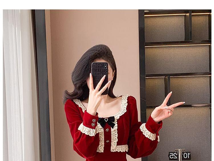 Long Sleeve Scoop Neck Lace Ruffle Trim Velvet Mini A-Line Dress Product Image