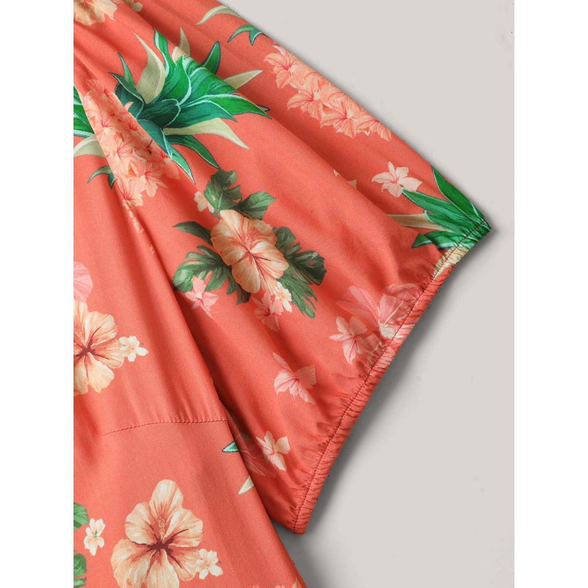 Plus Size Fruity Floral Print Square Neck Midi Dress Salmon Women Square Neck Short sleeve Curvy BloomChic 28/5X Product Image