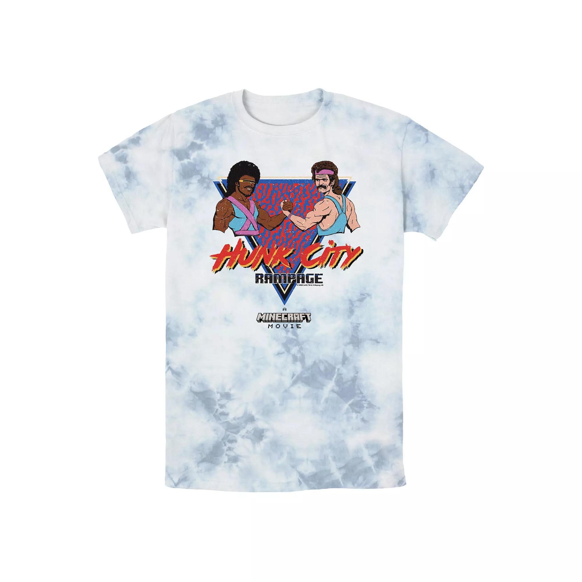 Men's Minecraft Movie Hunk City Rampage Poster Bombard Wash Graphic Tee, Size: Large, White Blue Product Image