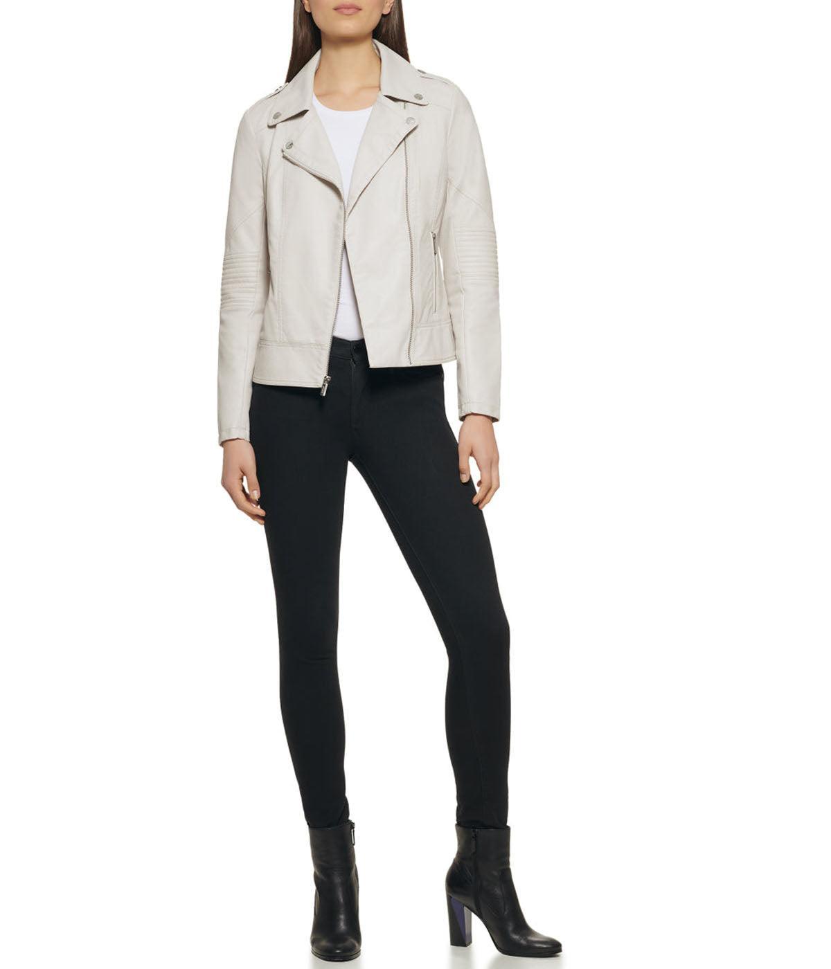 Faux Leather Asymmetrical Moto Jacket Stone Product Image