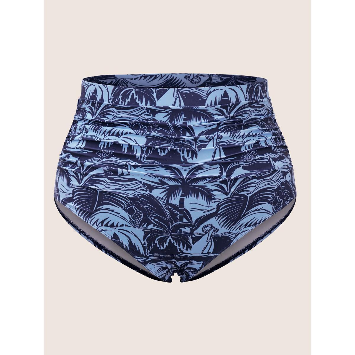 Plus Size Tropical Coconut Tree Print Ruched Swim Bottom Women's Swimwear Indigo Beach Gathered High stretch Skinny High Rise Curve Swim Bottoms BloomChic 12/L Product Image