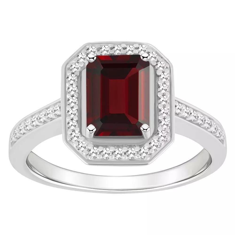 Celebration Gems Sterling Silver 8 mm x 6 mm Emerald Cut Gemstone & 1/5 Carat T.W. Diamond Halo Ring, Women's, Size: 7, Red Product Image