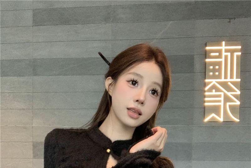 Long Sleeve Mandarin Collar Plain Keyhole Knit Top Product Image