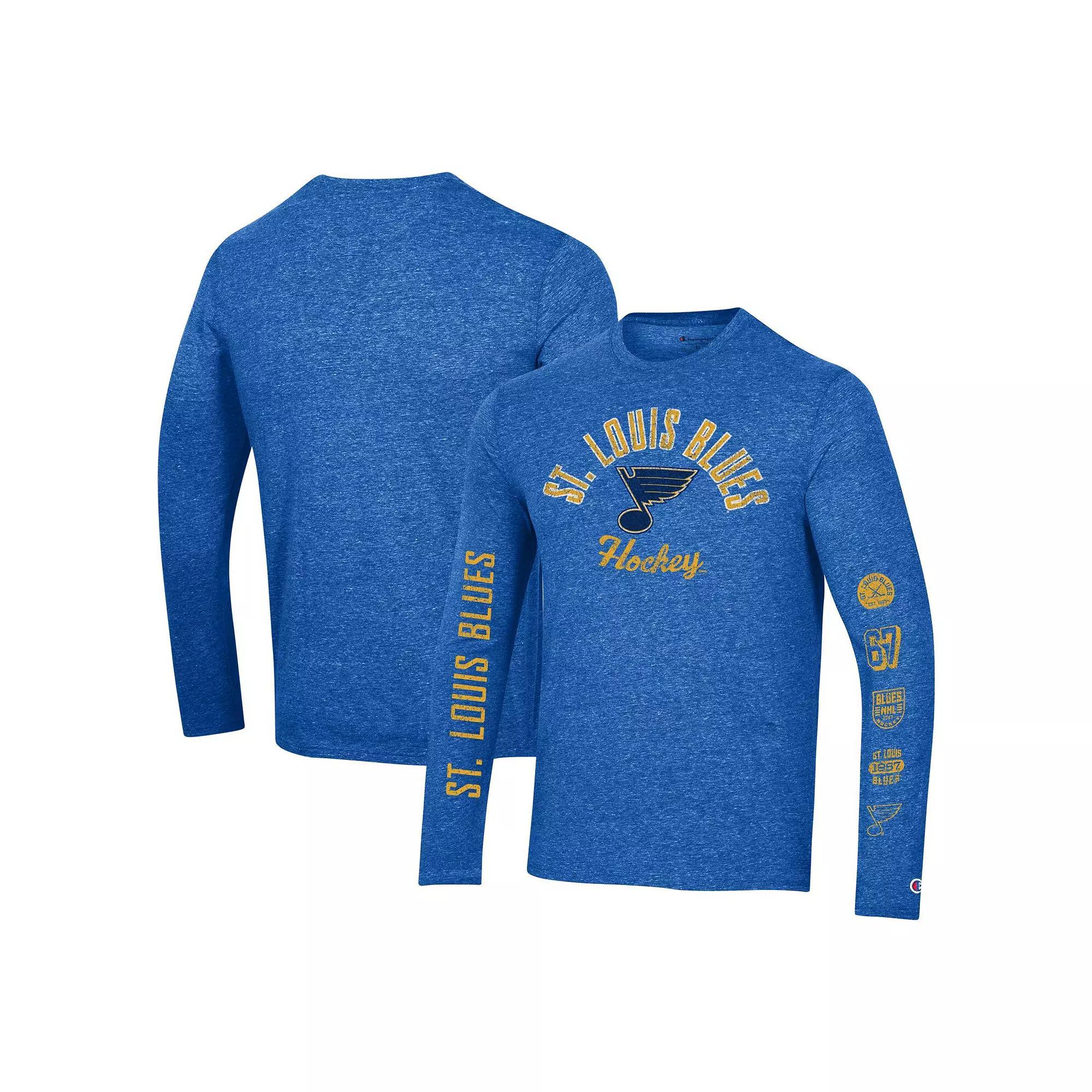 Men's Champion Heather Blue St. Louis Blues Multi-Logo Tri-Blend Long Sleeve T-Shirt, Size: XL, Team Product Image
