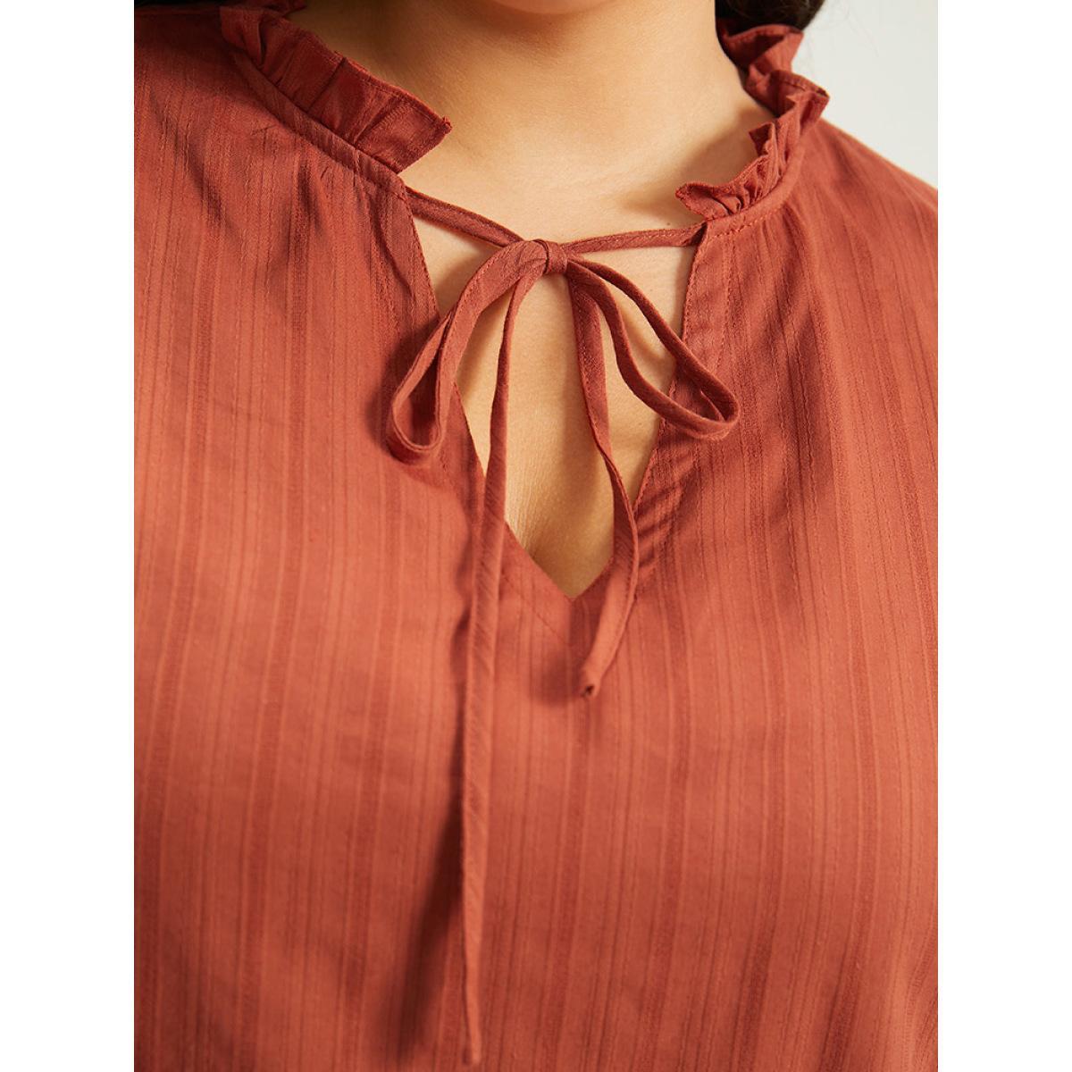 Plus Size OrangeRed Plain Tie Neck Textured Ruffle Trim Blouse Women Elegant Long Sleeve Tie Neck Dailywear Blouses BloomChic 10/M Product Image