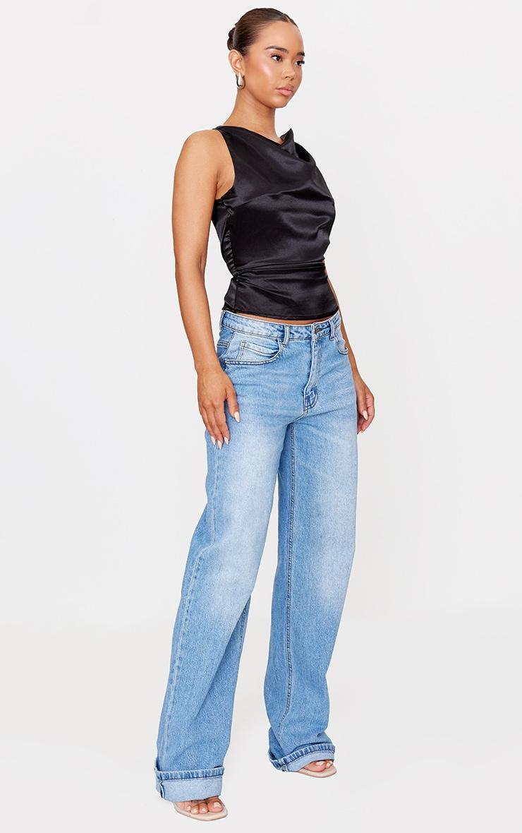 Black Satin Cowl Neck Long Top Product Image