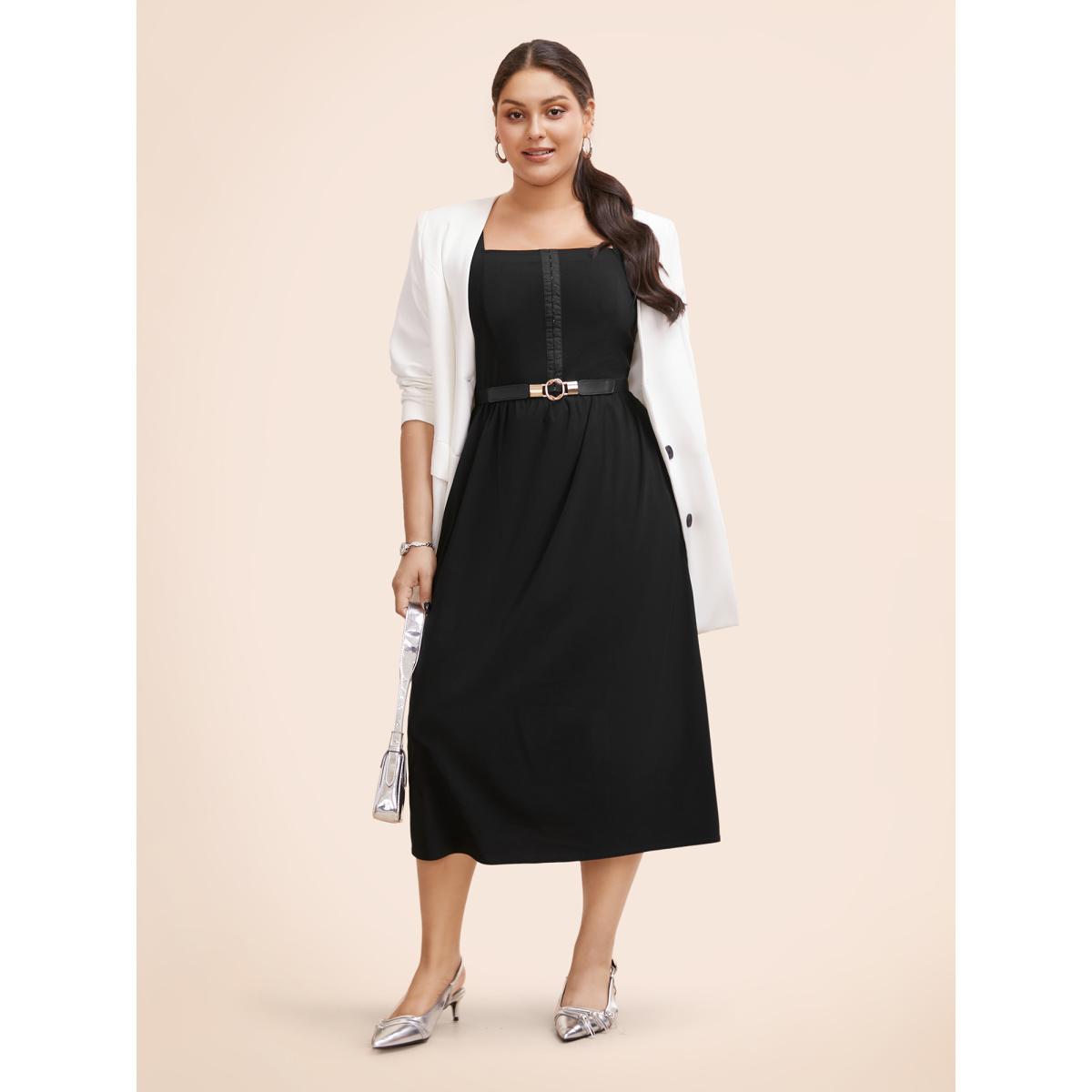 Plus Size Stretch Woven Pleated Flare Vest Midi Dress Black Women At the Office Gathered Square Neck Sleeveless Curvy BloomChic 28/5X Product Image