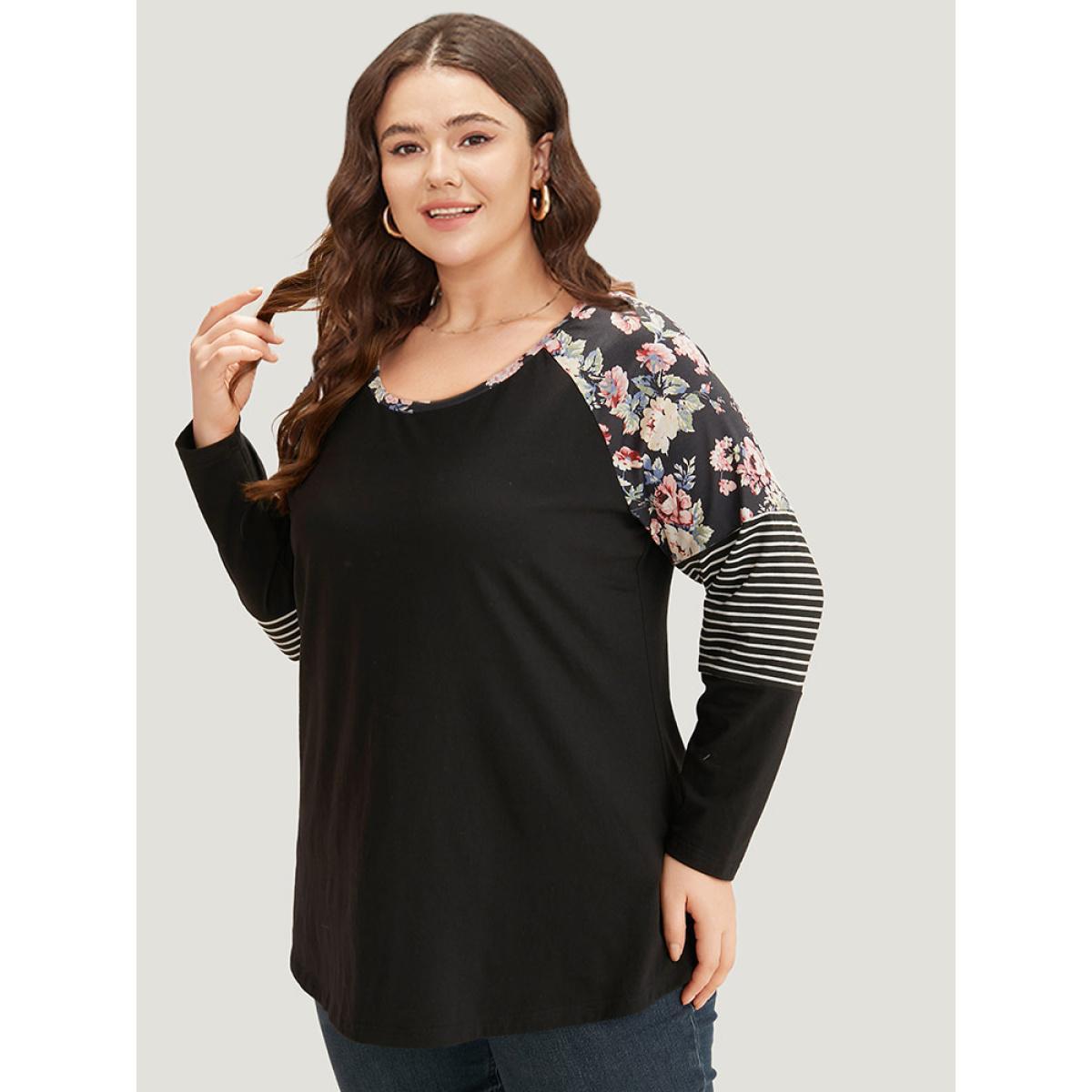 Plus Size Floral Striped Patchwork Crew Neck Raglan Sleeve T-shirt Black Women Casual Contrast Striped Round Neck Dailywear T-shirts BloomChic 12/L Product Image