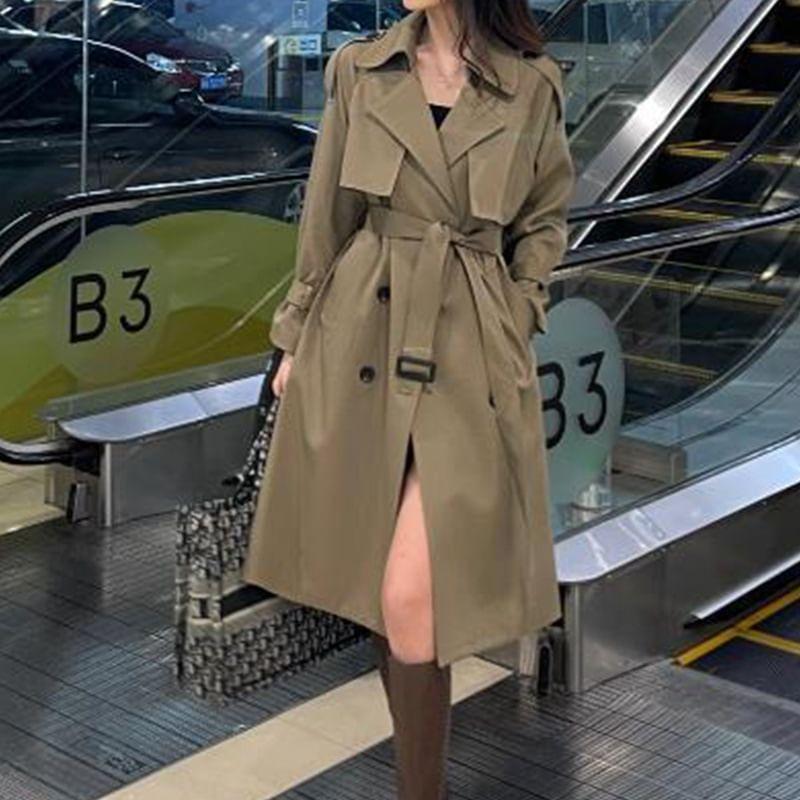 Collared Plain Midi Double Breasted Trench Coat Product Image