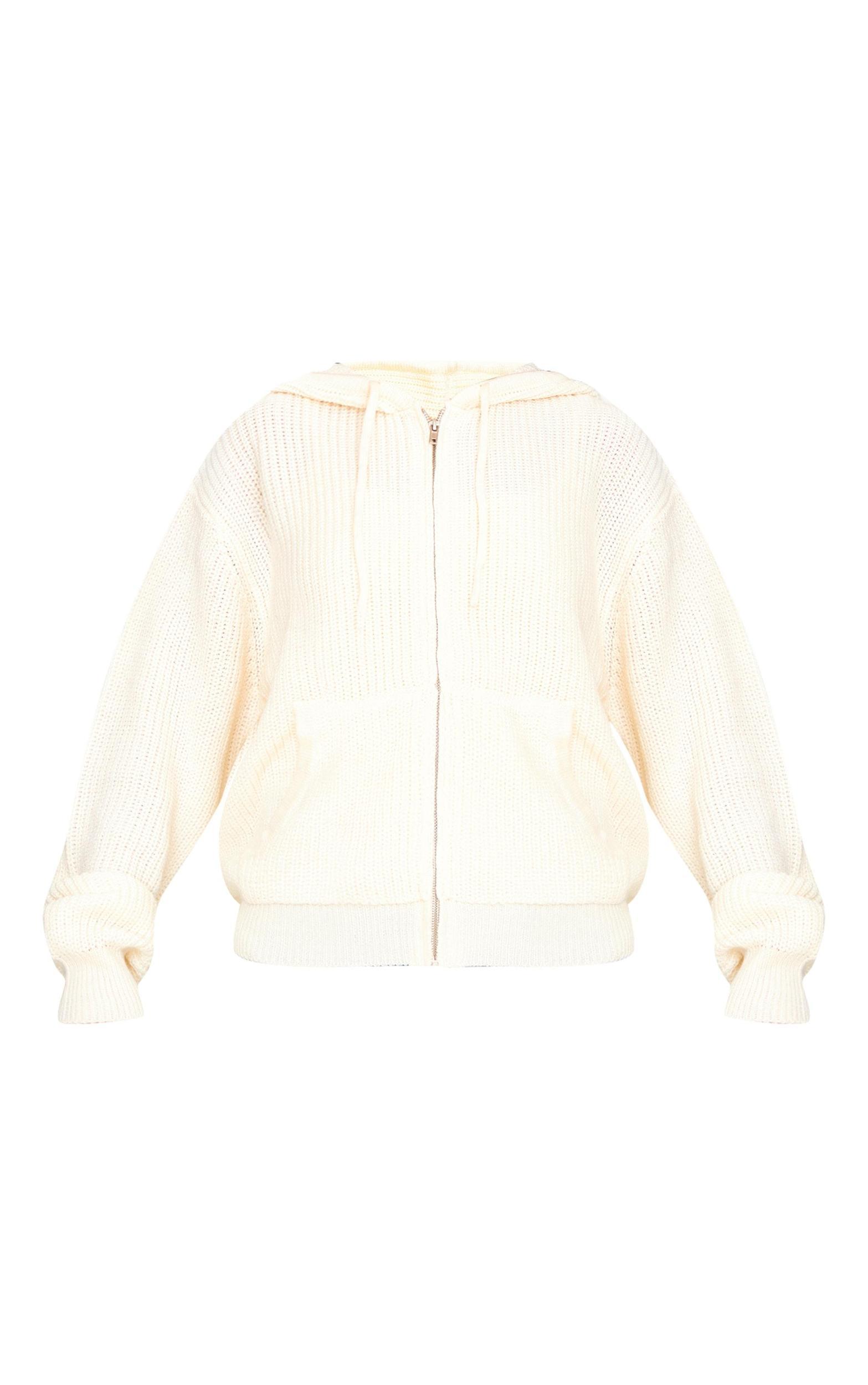Cream Thick Rib Knit Zip Up Hoodie Product Image