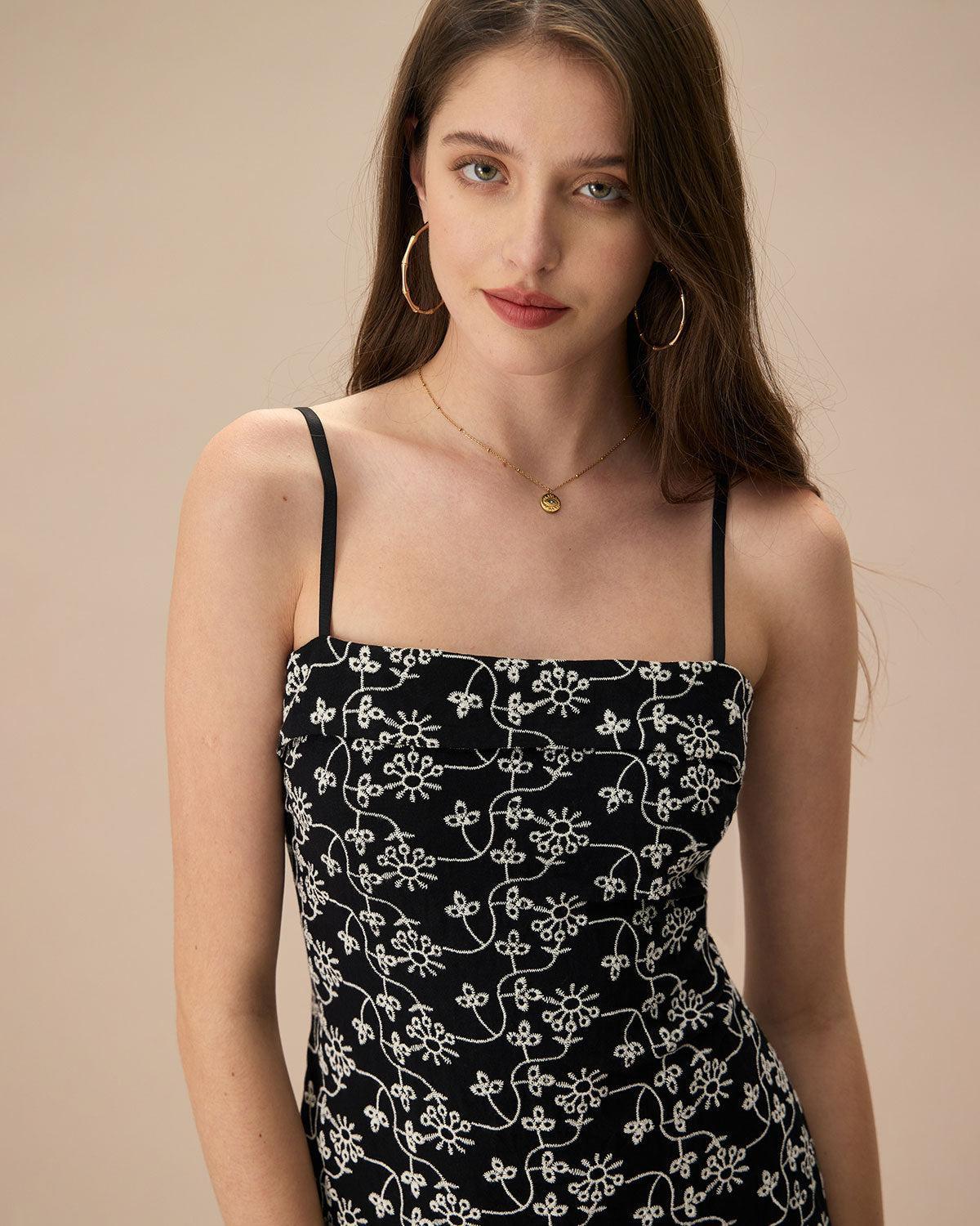 The Black Floral Embroidery Cotton Slip Mini Dress Product Image