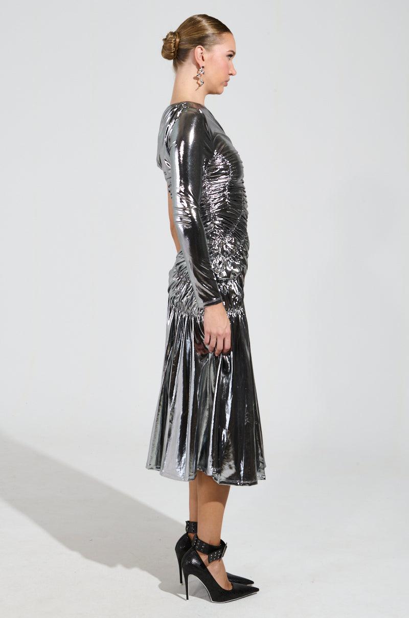 TURN BACK TIME SILVER METALLIC MIDI DRESS Product Image