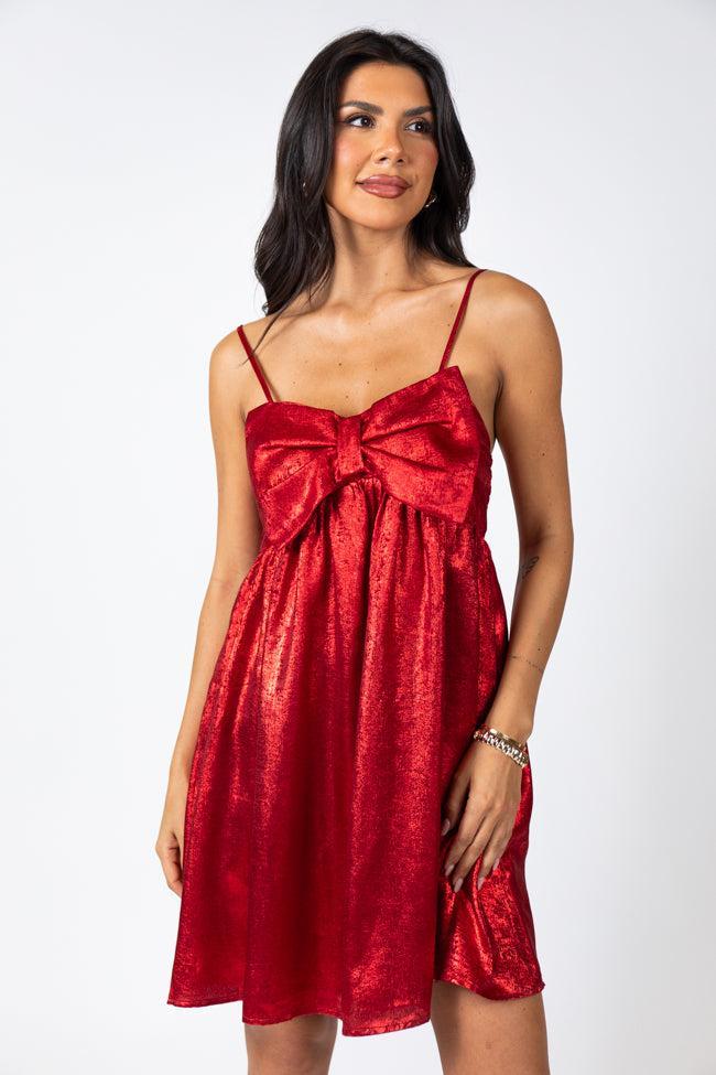 Tinsel and Tidings Light Red Bow Detail Mini Dress FINAL SALE Product Image