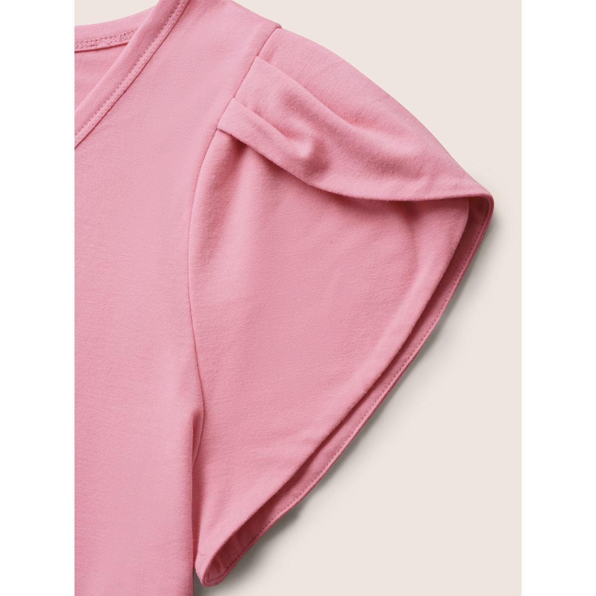 Plus Size Medium stretch Petal Sleeve Button Up T-shirt Watermelon Women Elegant Button V-neck Bodycon Everyday T-shirts BloomChic 18-20/2X Product Image