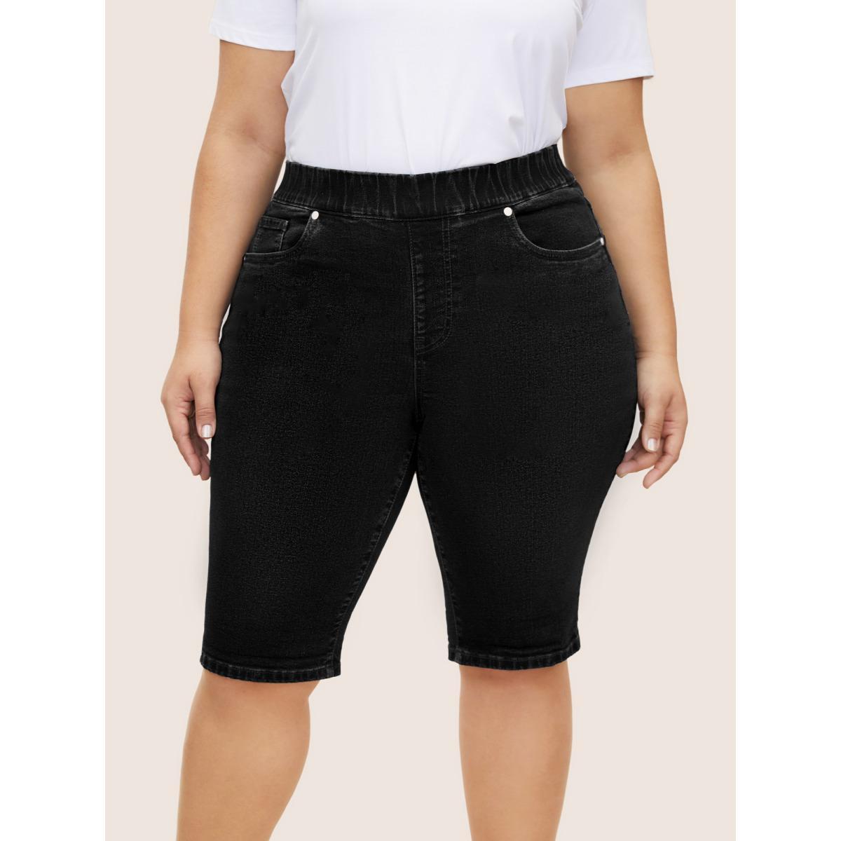 Plus Size Roll Hem Elastic Waist Dark Wash Denim Shorts Women Denimblack Roll Hem High stretch Everyday Slanted pocket Casual Denim Shorts BloomChic 16/1X Product Image