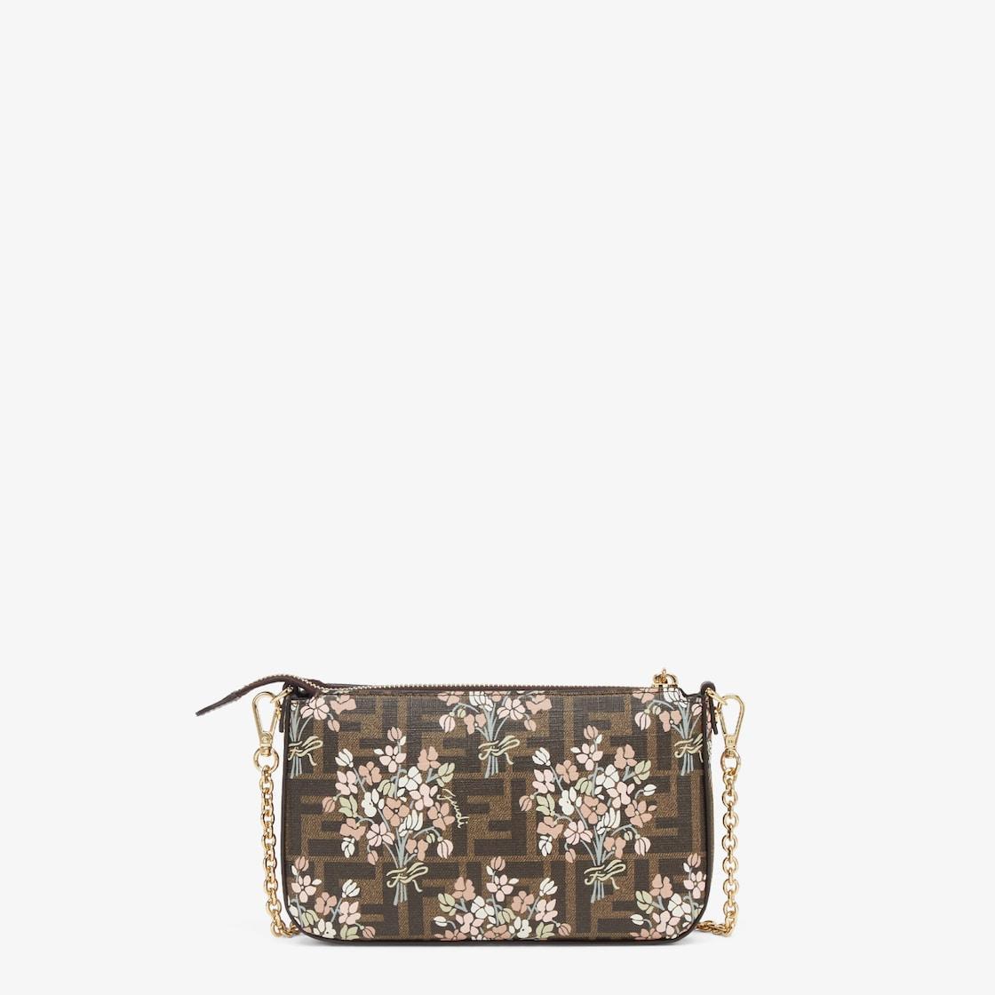 Baguette PouchFendi Flower Bouquet brown FF fabric pouch with chain Product Image
