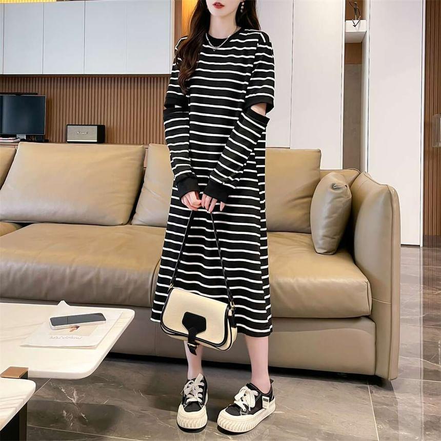 Long-Sleeve Round Neck Striped Cutout Midi Shift Knit Dress Product Image