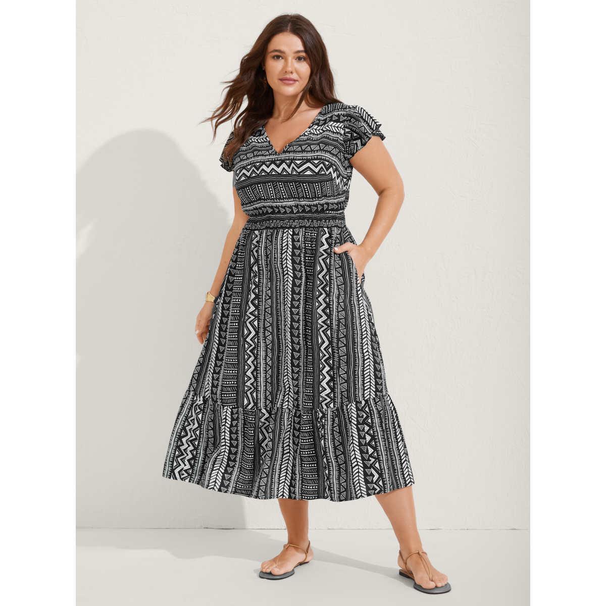 Plus Size Boho Stripes Shirred Waist Midi Dress Black Women V-neck Cap Sleeve Curvy BloomChic 14-16/1X Product Image