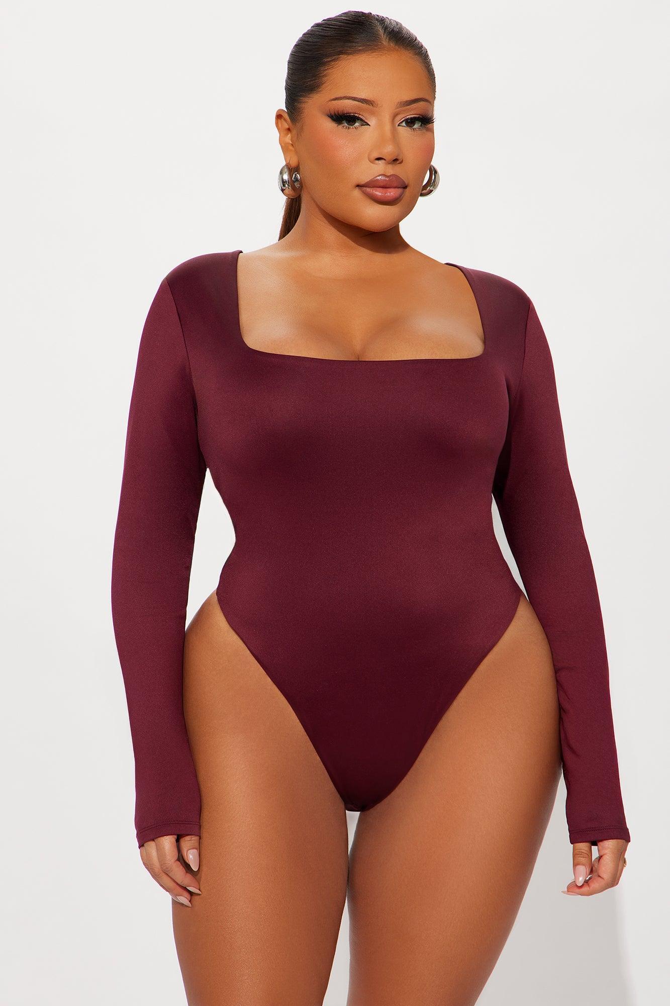 Contour Double Lined Long Sleeve Square Neck Bodysuit - Wine Product Image