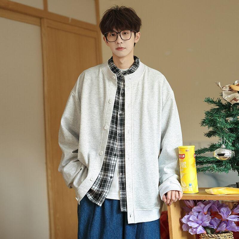Crew Neck Button-Up Plain Jacket Product Image
