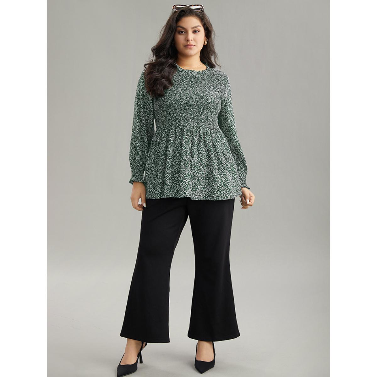 Plus Size DarkGreen Ditsy Floral Stand Collar Shirred Frill Trim Blouse Women Elegant Long Sleeve Stand-up collar Dailywear Blouses BloomChic 30/6X Product Image