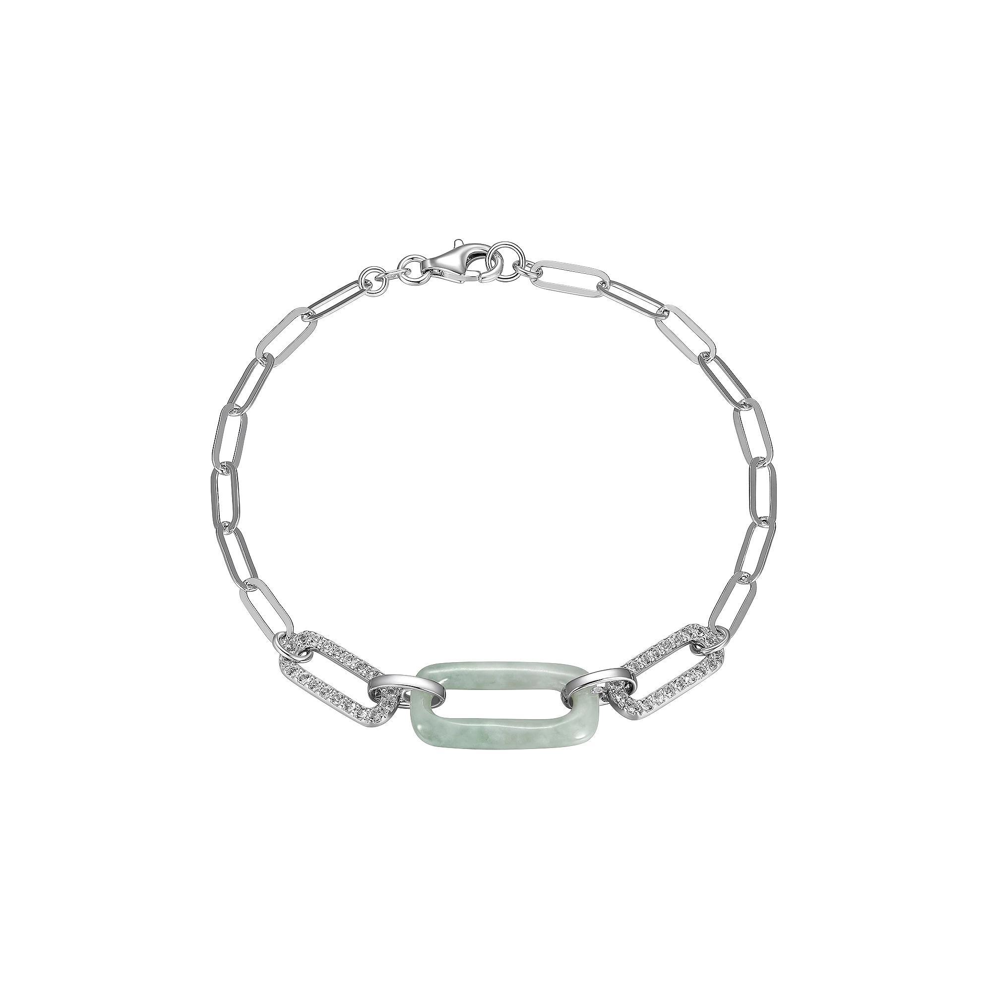 Dynasty Jade Sterling Silver Genuine Jade & White Topaz Paperclip Chain Bracelet, Women's, Size: 7.25" Product Image