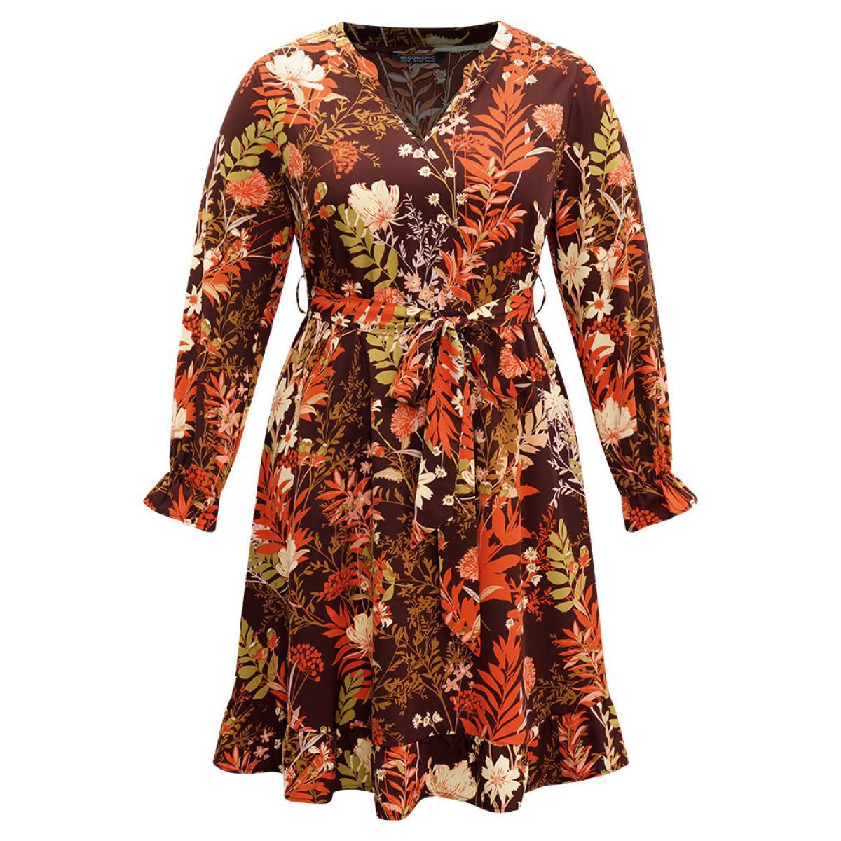 Plus Size Floral Belted Notched Lantern Sleeve Ruffles Dress Burgundy Women Casual Belted Notched collar Long Sleeve Curvy Midi Dress BloomChic 28/5X Product Image